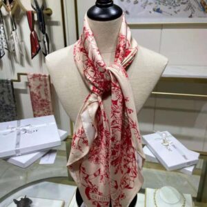 KHĂN Dior Women Toile De Jouy Flowers Square Scarf Ivory and Red Silk Twill