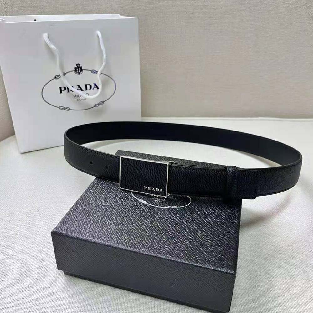 DÂY LƯNG Prada Men Saffiano Leather Belt with Metal Lettering Logo-Black