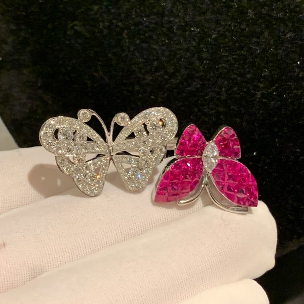 Nhẫn Van Cleef & Arpels 2 butterflies ruby diamond vàng trắng 18K