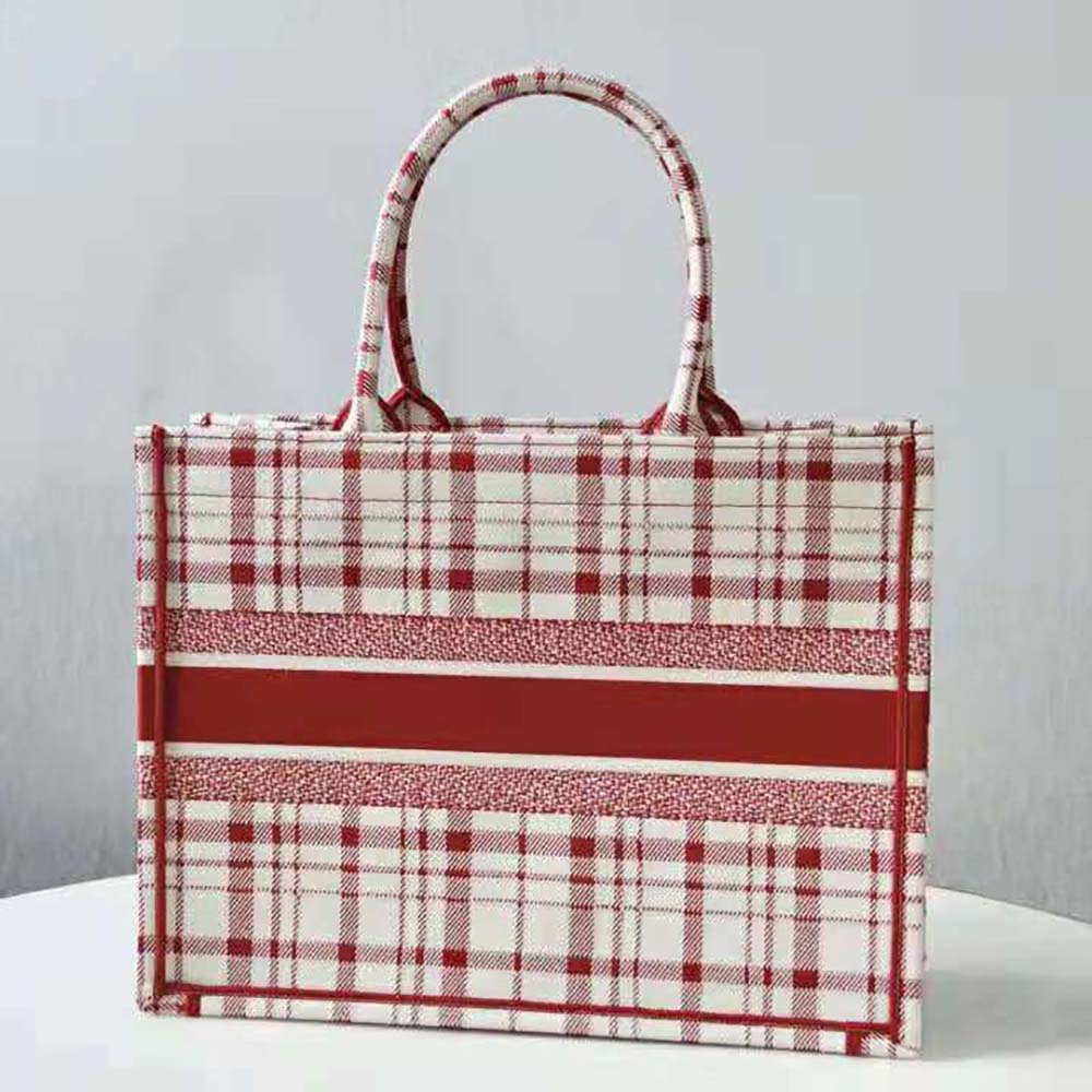 TÚI Dior Women Small Dior Book Tote Raspberry Check’n’Dior Embroidery