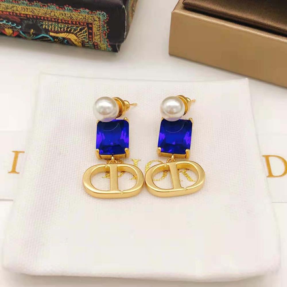 BÔNG TAI Dior Women Petit CD Earrings Gold-Finish Metal with White Resin Pearls and Fluorescent Blue Crystals