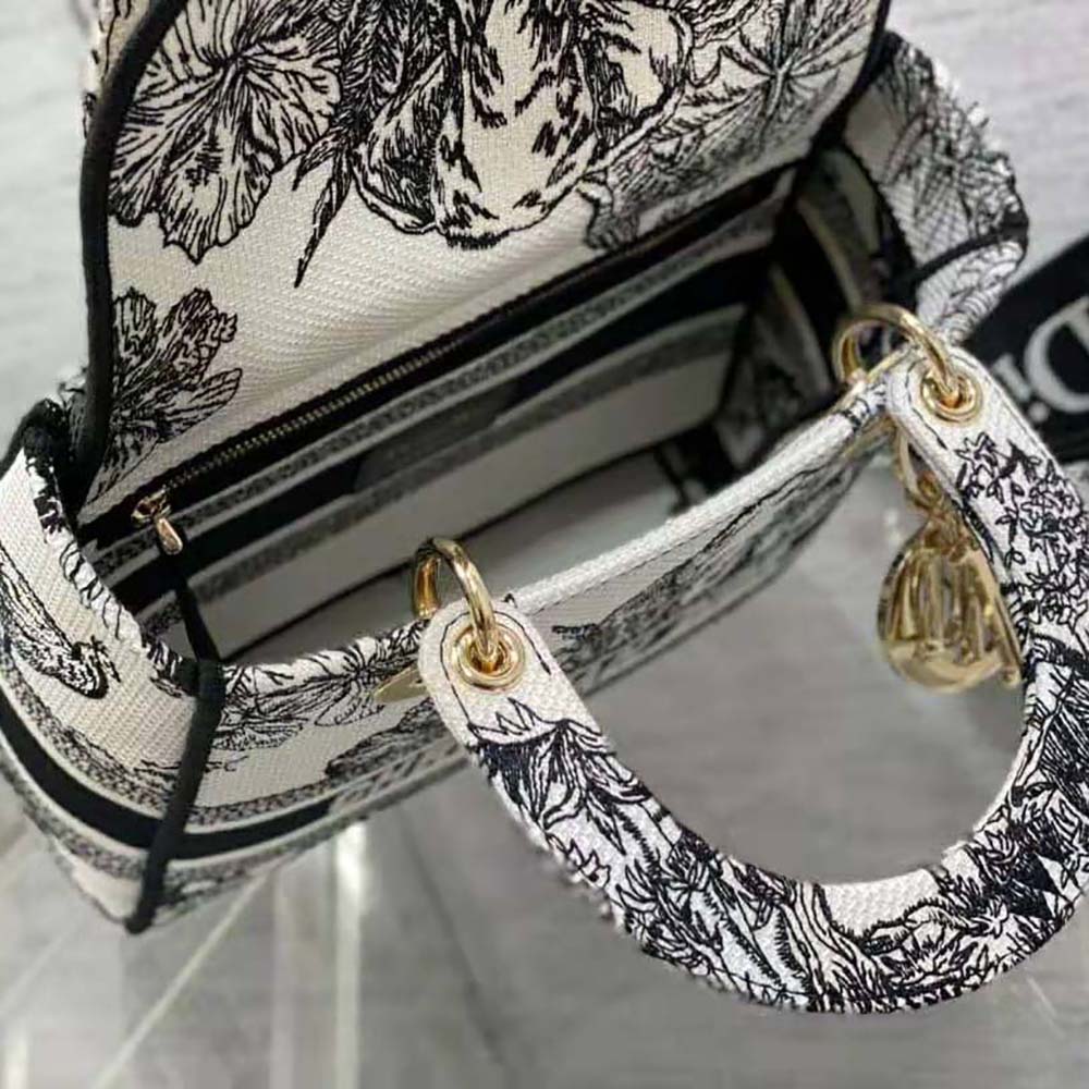 TÚI Dior Women Medium Lady D-lite Bag White and Black Toile de Jouy Voyage Embroidery