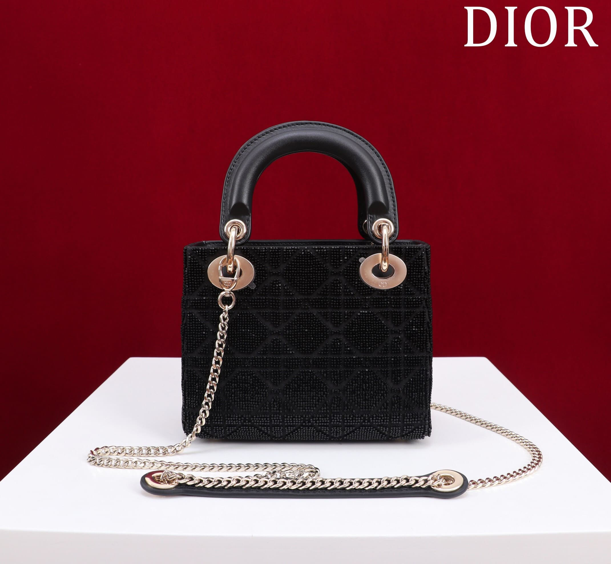 TÚI CHRISTIAN DIOR LADY DIOR Cannage Calfskin with Platinum Beaded Embroidery Black