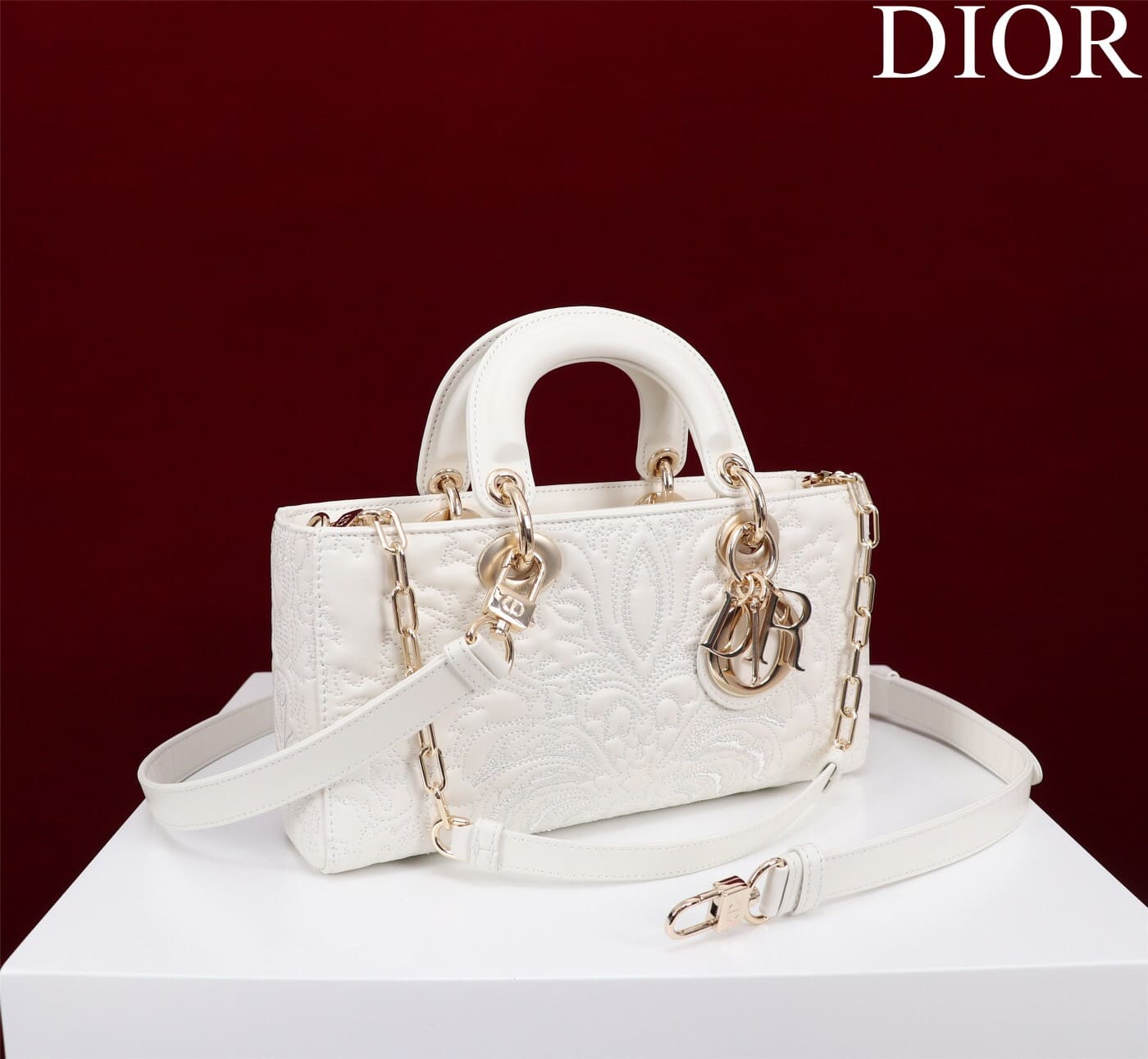 TÚI CHRISTIAN DIOR LADY D-JOY WHITE Quilted-Effect Lambskin with Ornamental Motif