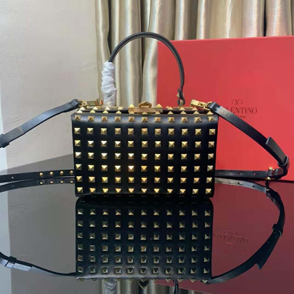 TÚI VALENTINO Rockstud Alcove Grainy Calfskin Box Bag-Black