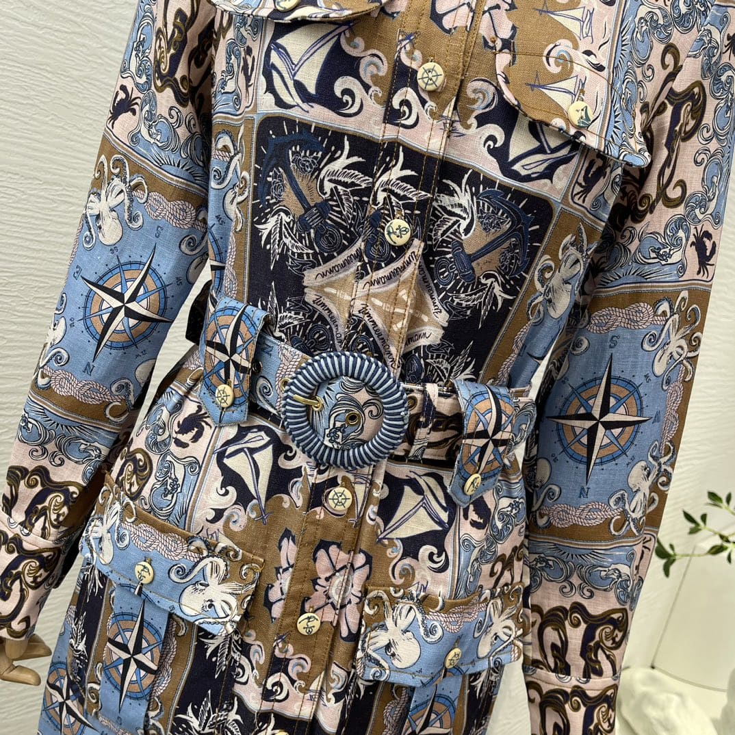 VÁY ZIMMERMANN Blue Plaid Print Turn Down Collar Long Sleeve Mini Dress High Classy