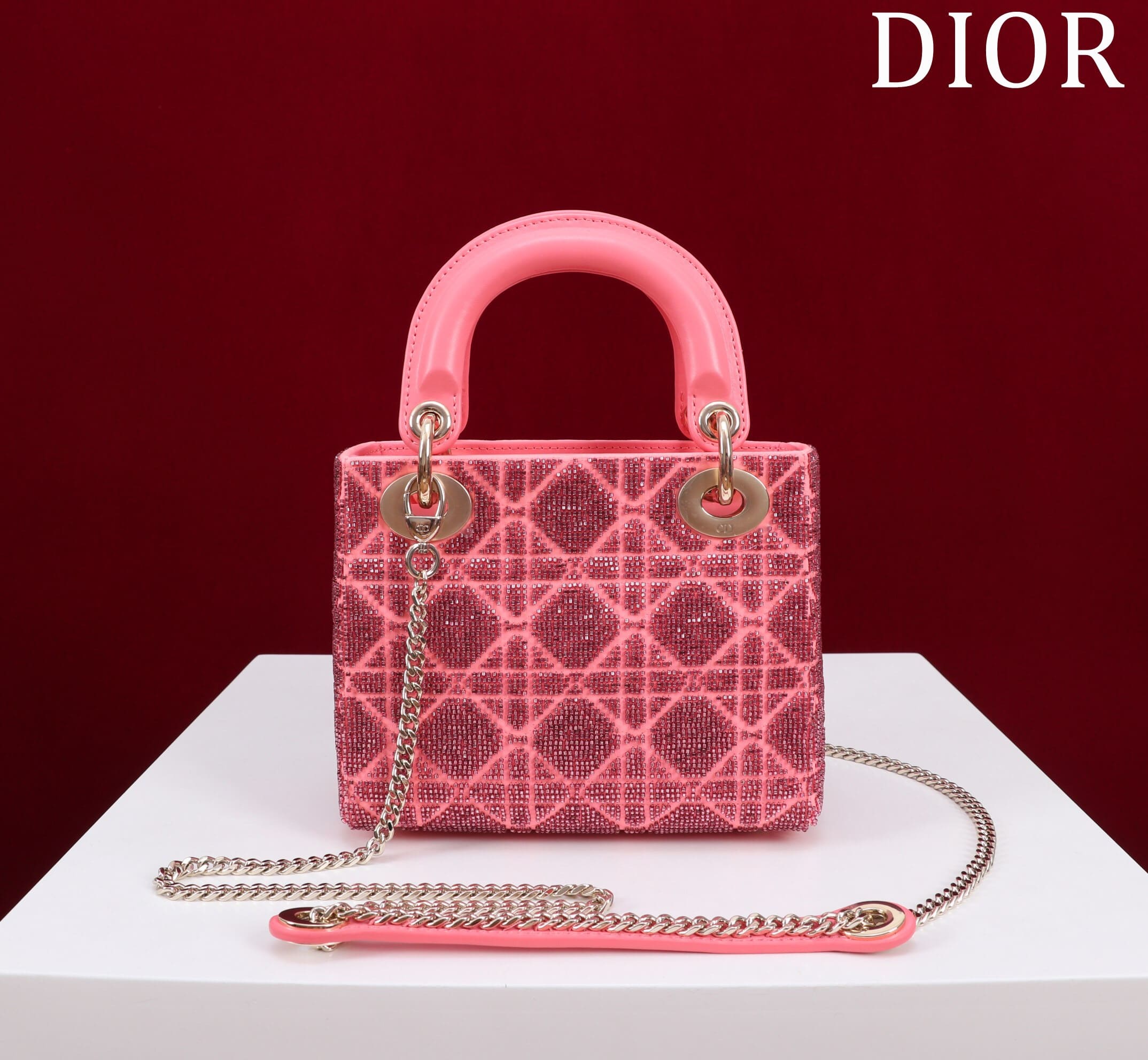 TÚI CHRISTIAN DIOR LADY DIOR Cannage Calfskin with Platinum Beaded Embroidery Pink