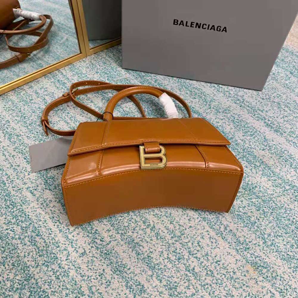 TÚI Balenciaga Women Hourglass Small Top Handle Bag in Shiny Box Calfskin-Brown