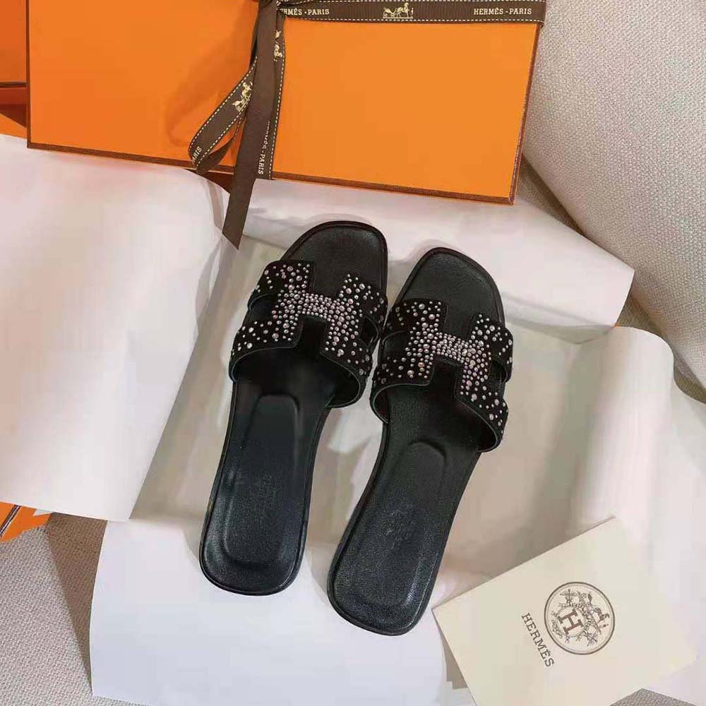 DÉP Hermes Oasis Sandal in Suede Goatskin-Black