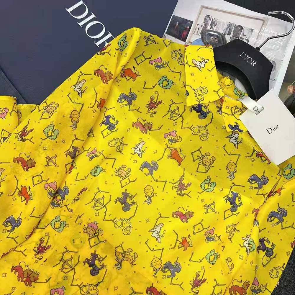 VÁY CHRISTIAN DIOR Mid-Length Shirt Dress Yellow Silk Chiffon with Multicolor Dior Pixel Zodiac Motif