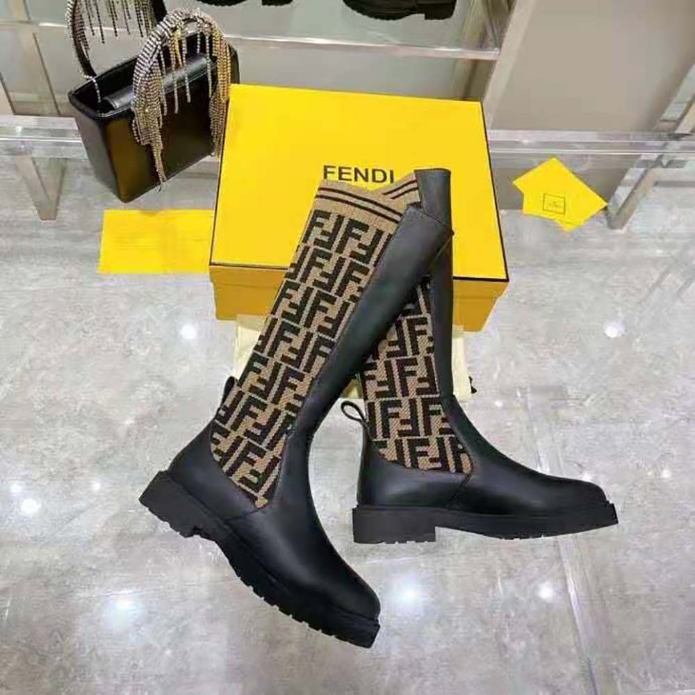Giày Fendi Women Rockoko Black Leather Ankle Boots with Stretch Fabric