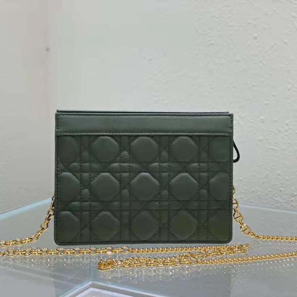 TÚI Dior Women Caro Zipped Pouch with Chain Cedar Green Supple Cannage Calfskin-Green