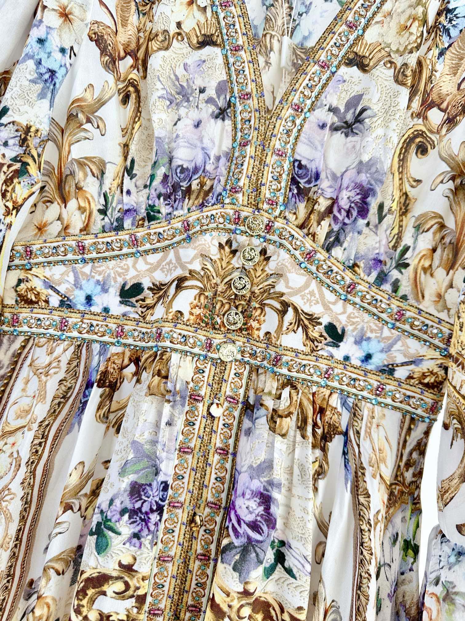 VÁY CAMILLA Silk Blue Cardigan Embellished V-Neck Maxi Dress High Classy Dài Tay