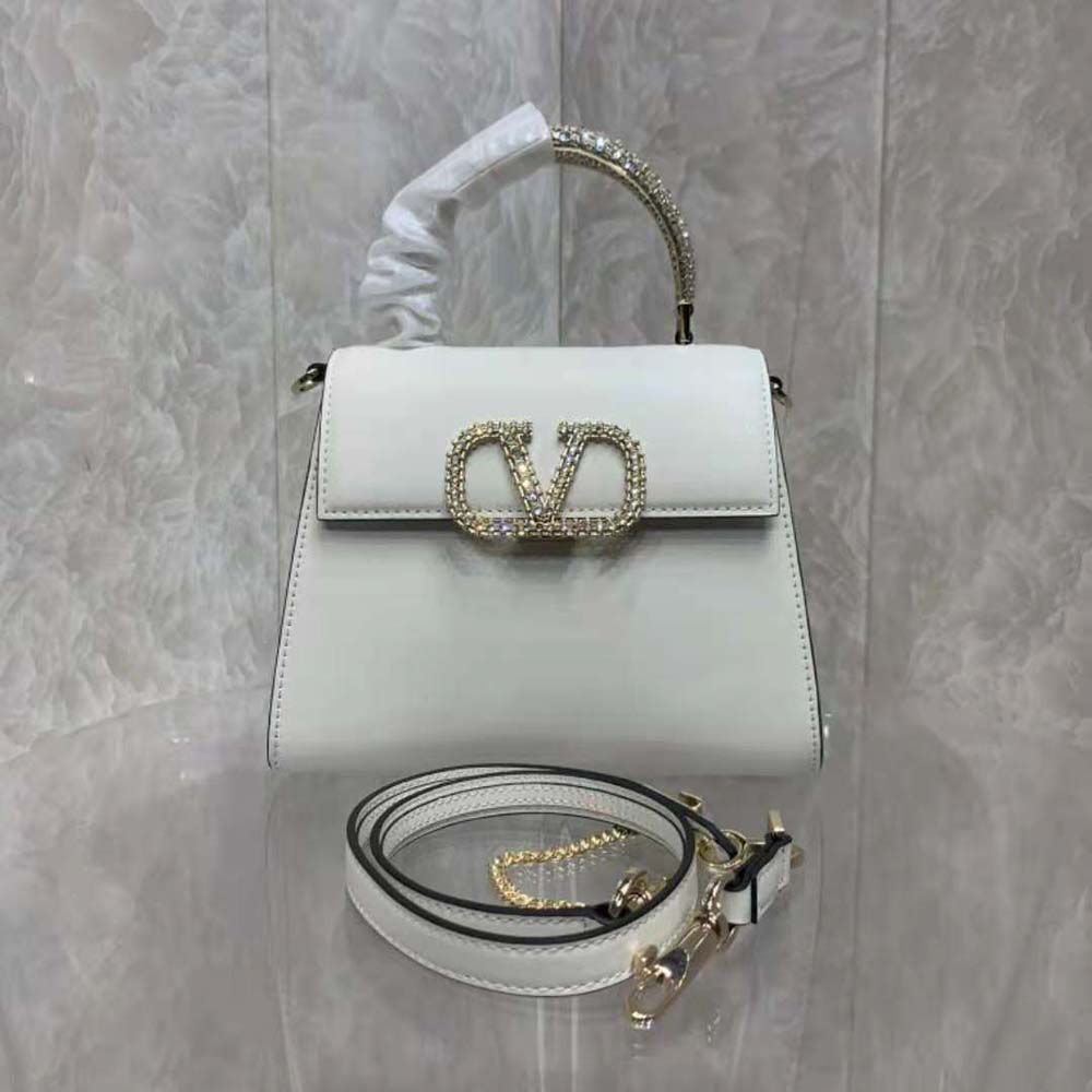 TÚI Valentino Women Small Vsling Calfskin Handbag with Jewel Handle-White