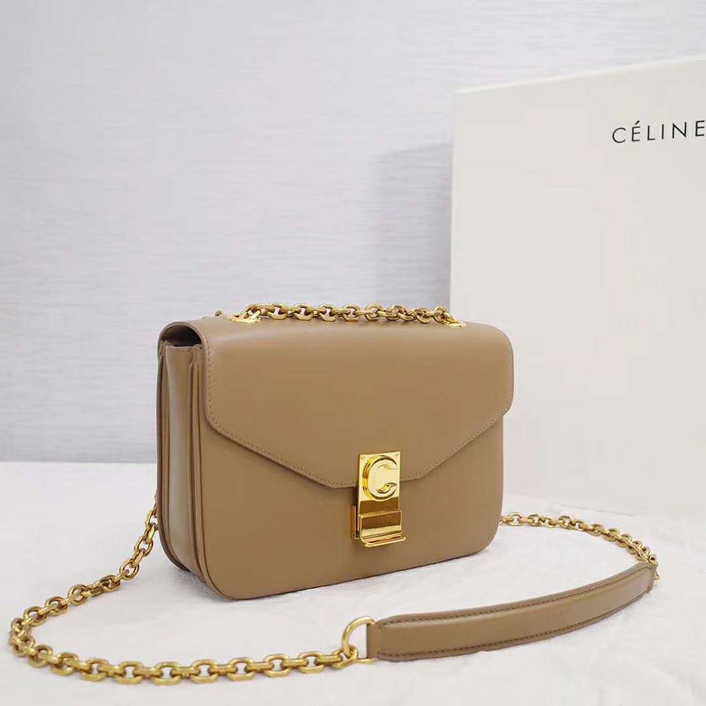 TÚI Celine Women Medium C Bag in Shiny Calfskin Leather-Sandy