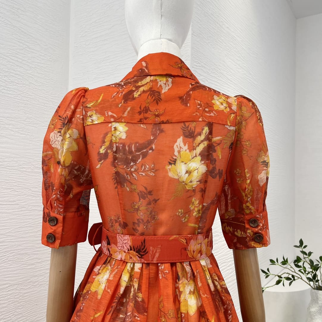 VÁY ZIMMERMANN Holiday Orange Short Sleeve Floral Print Midi Dress High Classy