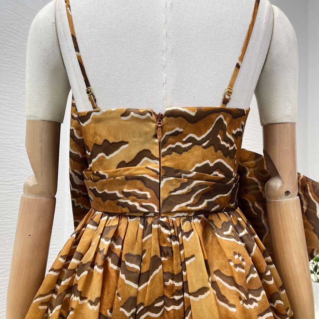 VÁY ZIMMERMANN Camel Tiger Striped Strapless Sleeveless Bow Midi Dress High Classy