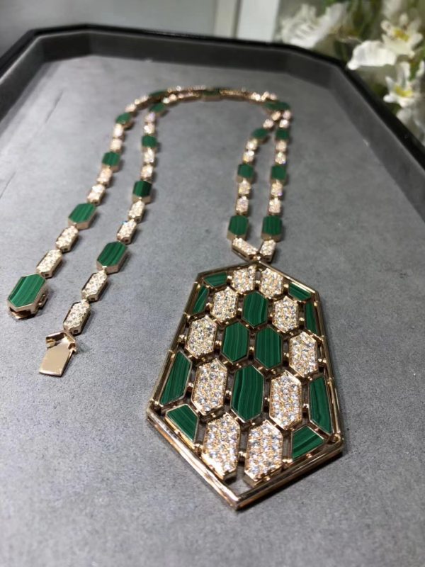 Vòng cổ BVLGARI Serpenti Kim cương Malachite vàng hồng 18K