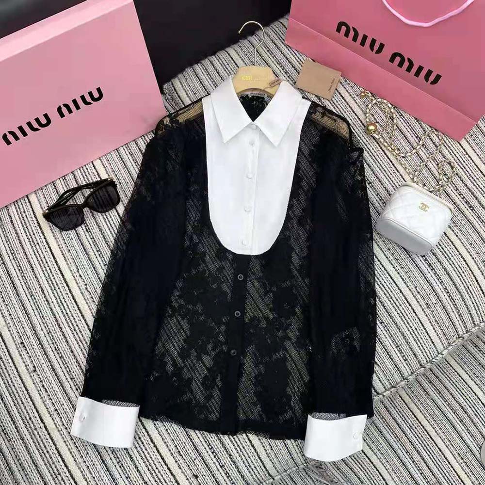 ÁO Miu Miu Women Lace Shirt with Knit Logo Label-Black