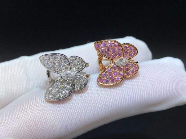 Bông tai Van Cleef & Arpels 2 butterflies kim cương sapphire hồng vàng hồng 18K