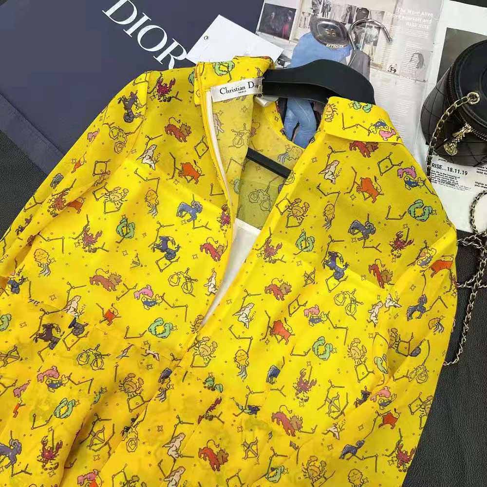 Váy Dior Mid-Length Shirt Dress Yellow Silk Chiffon with Multicolor Dior Pixel Zodiac Motif