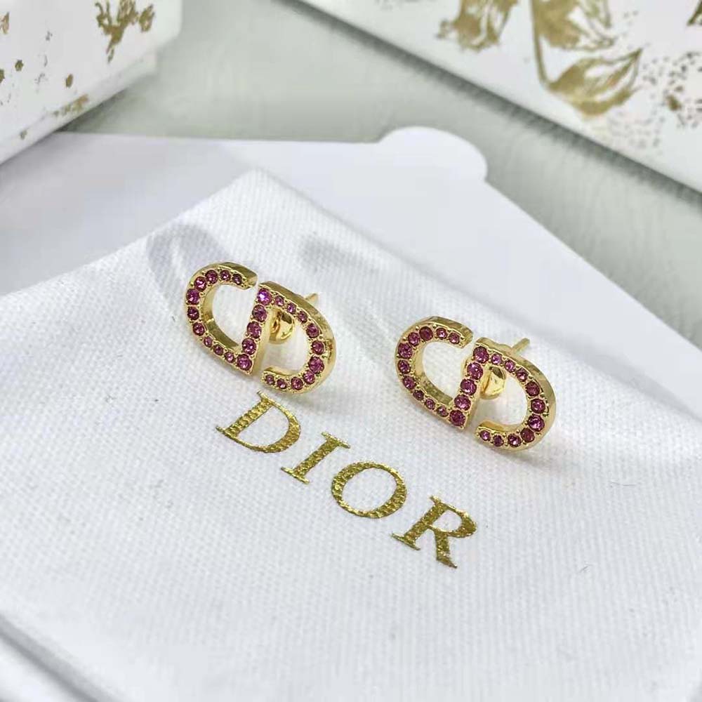 BÔNG TAI DIOR Petit CD Stud Earrings Gold-Finish Metal and Light Pink Crystals