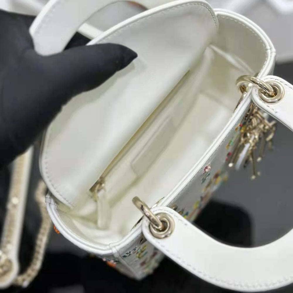 TÚI Dior Women Mini Lady Dior Bag Latte Calfskin Embroidered with Multicolor Small Flowers