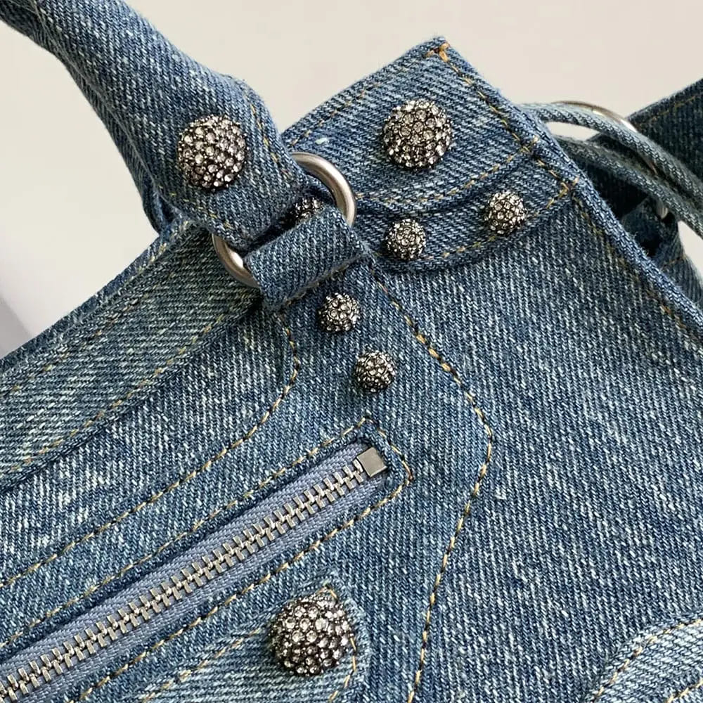 TÚI Balenciaga Women Neo Cagole City Handbag Denim with Rhinestones in Blue