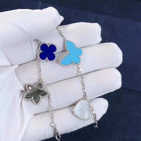 Vòng tay Van Cleef & Arpels Lapis xà cừ ngọc lam 4 Motifs vàng trắng 18K