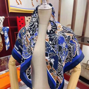 KHĂN Hermes Women Bingata Shawl 140 in Cashmere and Silk with Hand-Rolled Edges-Navy