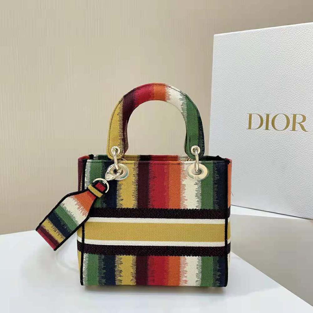 TÚI Dior Women Medium Lady D-lite Bag Multicolor Stripes Embroidery