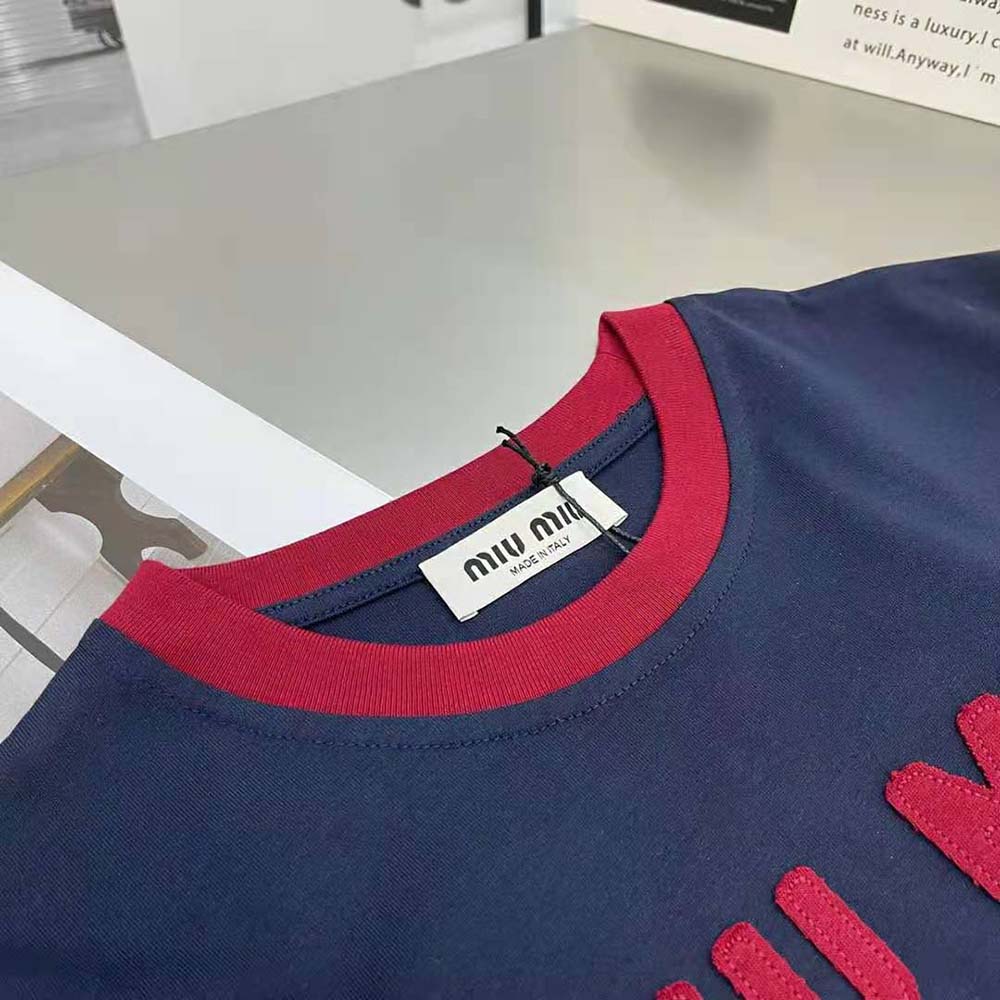 ÁO Miu Miu Women Jersey T-shirt with Embroidered Logo-Navy