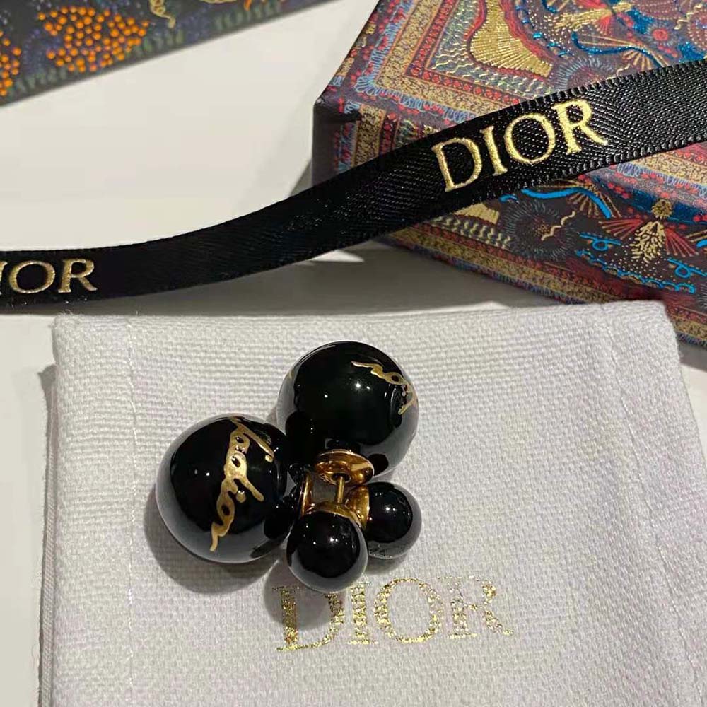 BÔNG TAI Dior Women Tribales Earrings Antique Gold-Finish Metal and Black Lacquer Pearls