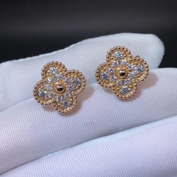 Bông tai Van Cleef & Arpels Paved Vintage Alhambra vàng hồng 18K