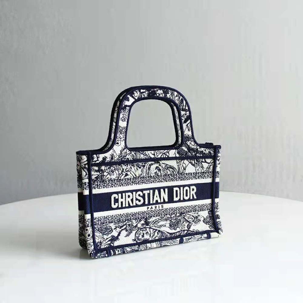 TÚI Dior Women Mini Dior Book Tote Blue Toile de Jouy Embroidery