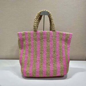 TÚI Prada Women Large Raffia Tote Bag with Embroidered Lettering Logo on the Front-Pink