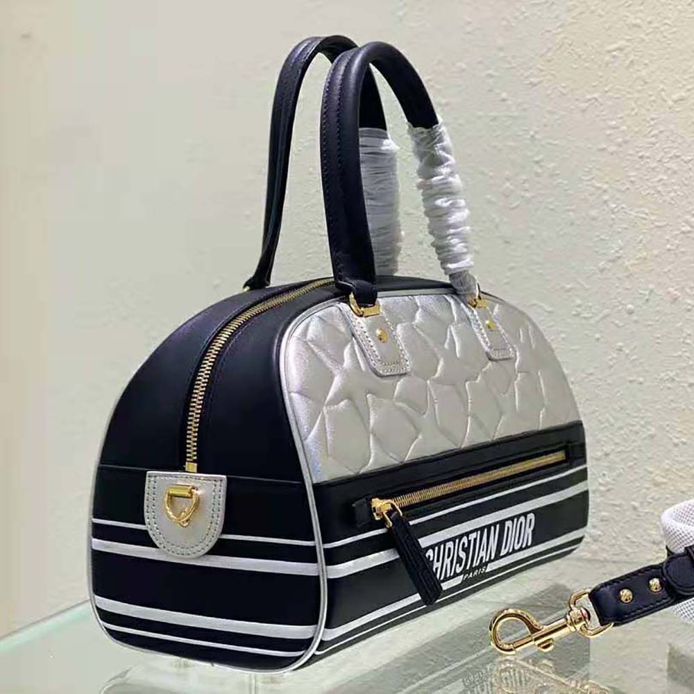 TÚI Dior Women Medium Dior Vibe Zip Bowling Bag Black and Silver Padded Dior etoile Calfskin