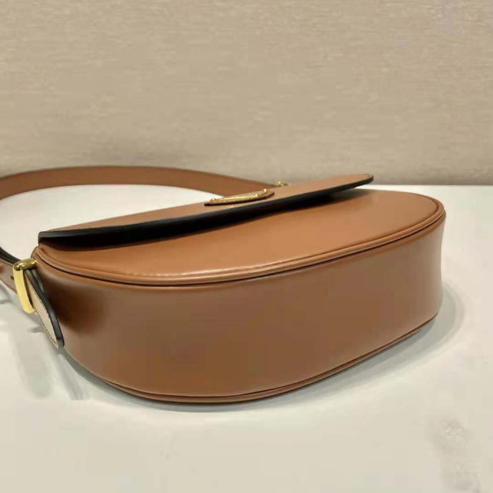 TÚI PRADA  Women Arqué Leather Shoulder Bag with Flap-Brown