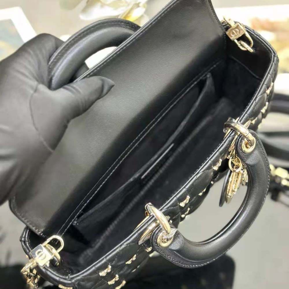 TÚI Dior Women Medium Lady D-joy Bag Black Cannage Lambskin with Gold-Finish Butterfly Studs
