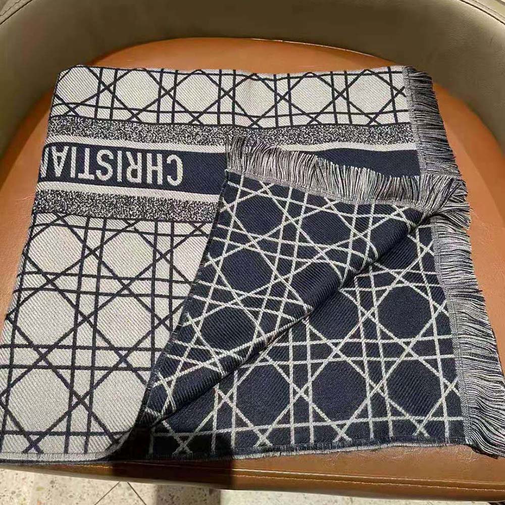 KHĂN Dior Women Cannage Scarf Navy Blue and Gray Cashmere and Virgin Wool