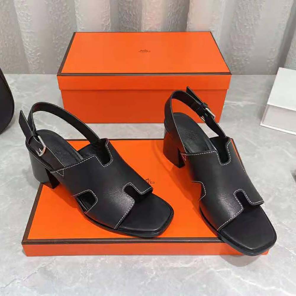 GIÀY Hermes Women Elbe 60 Sandal in Calfskin with H Cut-Out Detail-Black SS2022