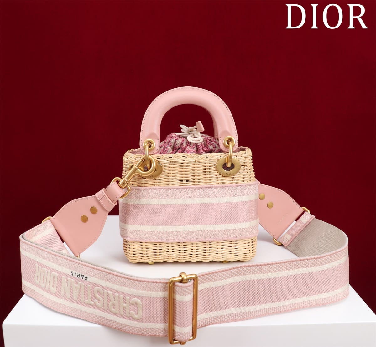 TÚI Dior Women Mini Lady Dior Bag Natural Wicker and Pink Dior Oblique Jacquard dệt tay bằng liễu gai