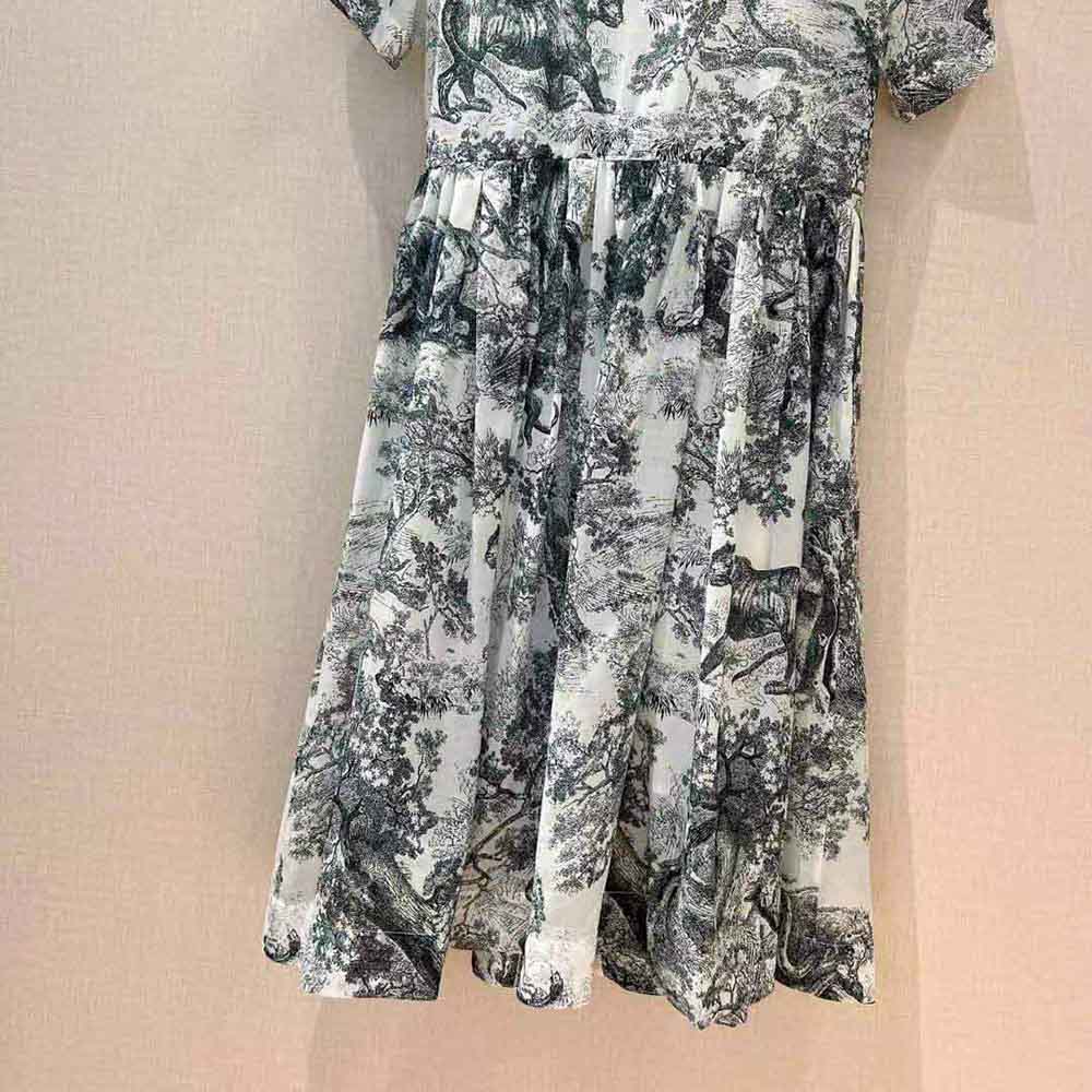 VÁY CHRISTIAN DIOR Mid-Length Shirt Dress White and Navy Blue Toile de Jouy Cotton Voile
