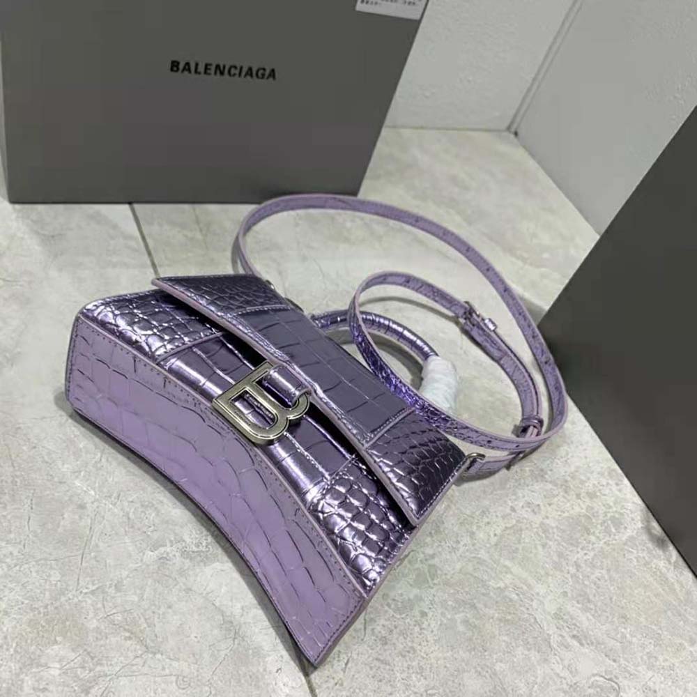 TÚI Balenciaga Women Hourglass XS Handbag Metallized Crocodile Embossed in Purple