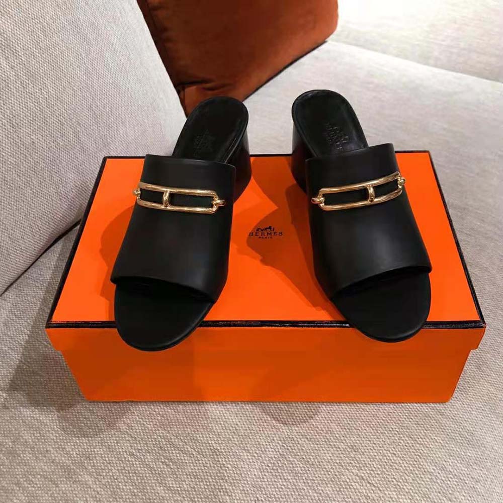 GIÀY Hermes Women Camilla Mule High Heel Mule in Calfskin-Black SS2022