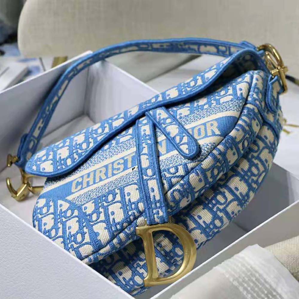 TÚI Dior Women Saddle Bag Cornflower Blue Dior Oblique Embroidery