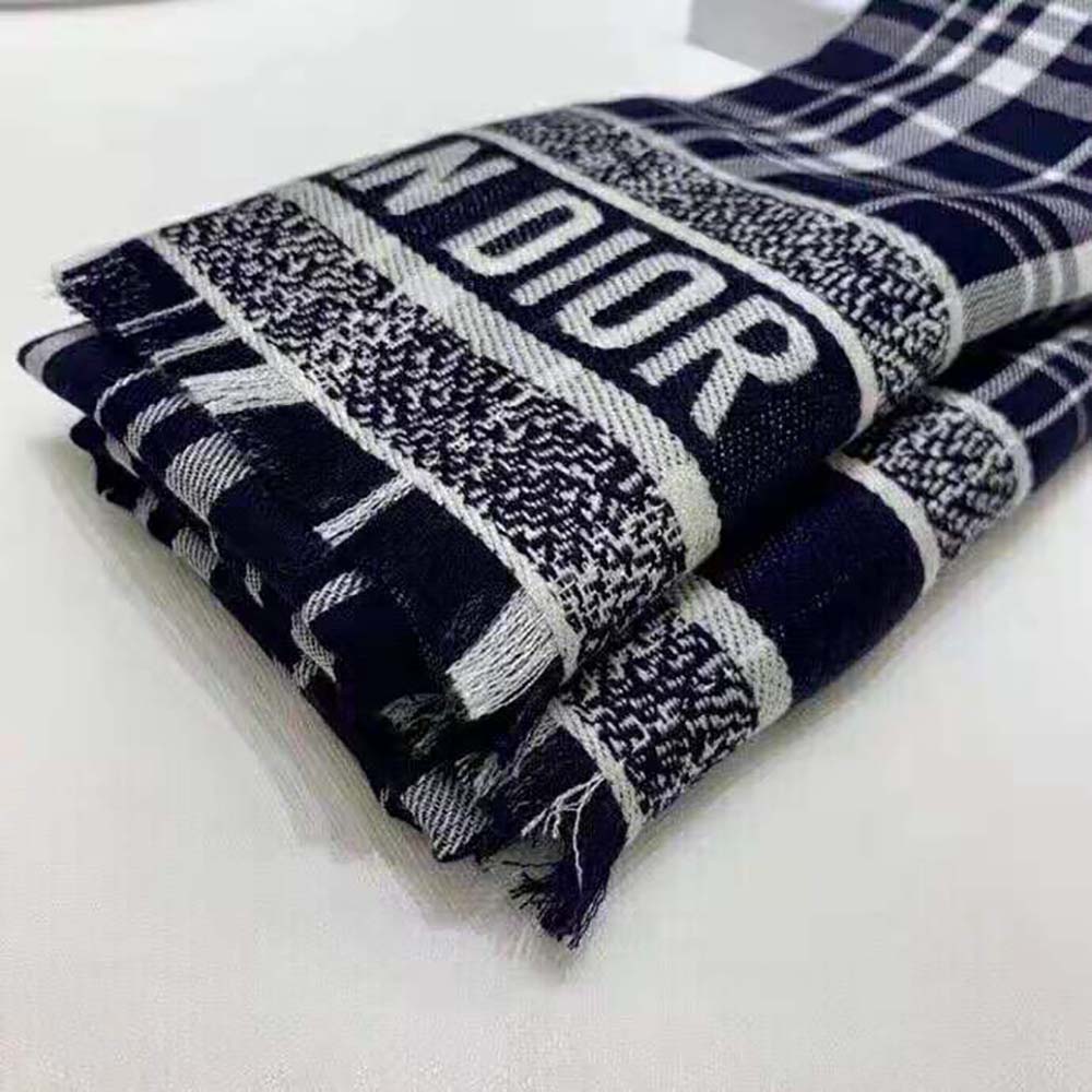 KHĂN Dior Women Checkndior Pop Stole Navy Blue Cashmere Silk and Cotton