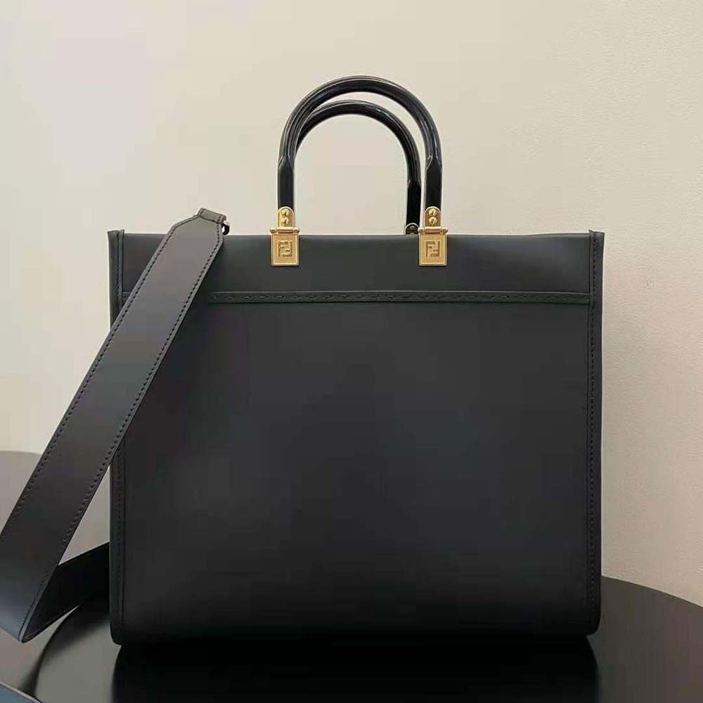 TÚI Fendi Women Sunshine Medium Fendace Printed Black Leather Logo Shopper