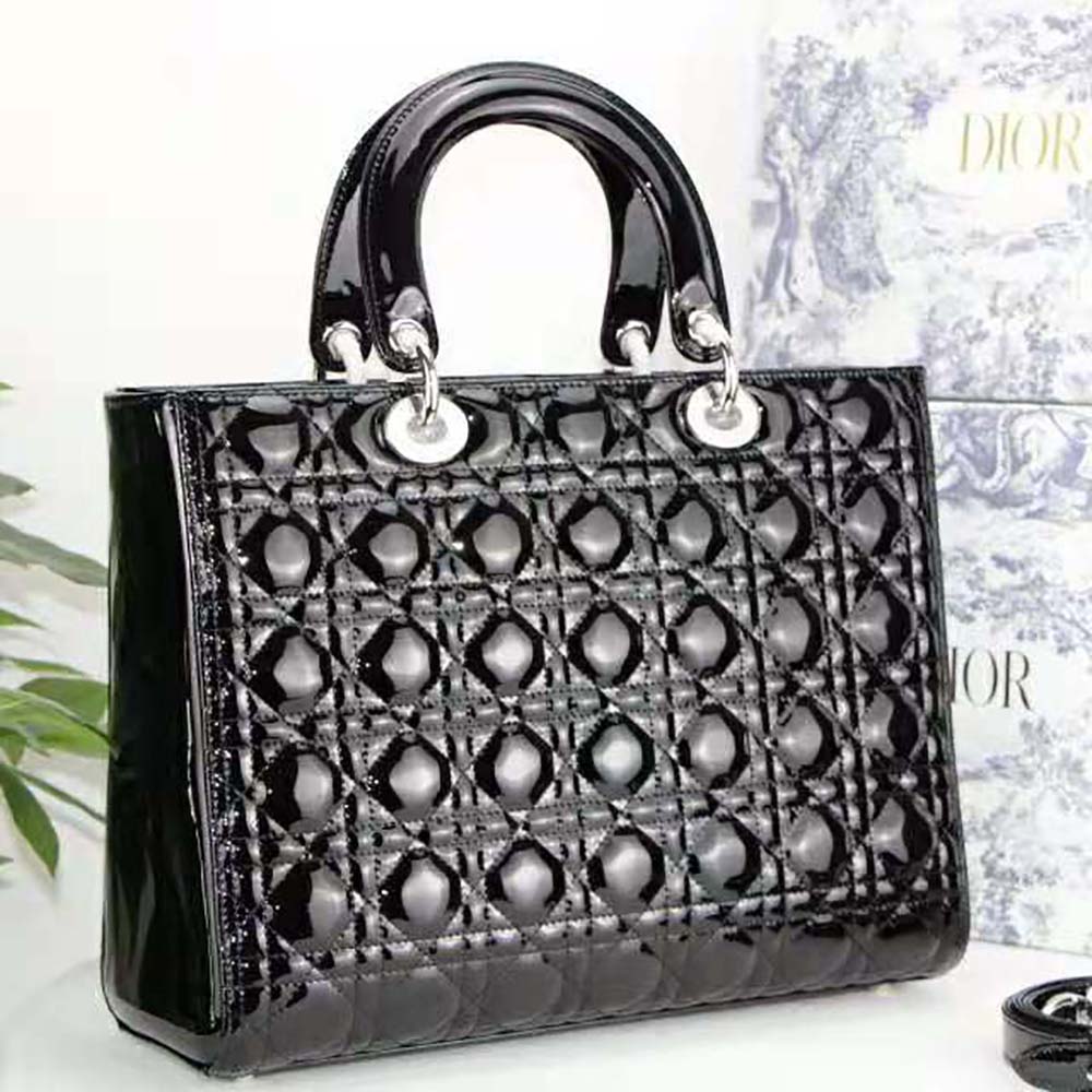 TÚI Dior Women Large Lady Dior Bag Black Patent Cannage Calfskin