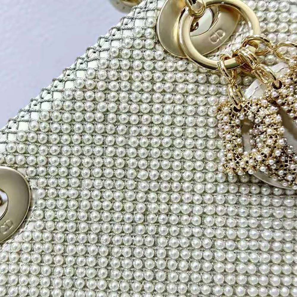 TÚI Dior Women Mini Lady Dior Bag Latte Calfskin Embroidered Entirely with White Resin Pearls
